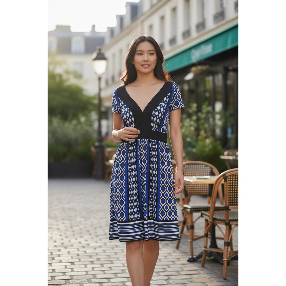 Maggy London Blue Geometric Print V-Neck Knee Length Dress Womens Size 12